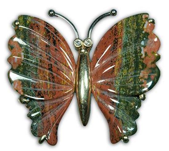 Gold Butterfly Pendant made with carved Ocean Jasper & Diamonds